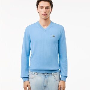 Vintage Lacoste 60s Men's Light Blue V-Neck Sweater